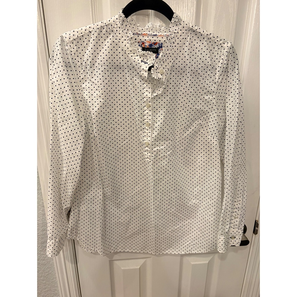 Talbots Blouse White Navy Blue Polka Dot Ruffle Collar Cotton Petite MP Top